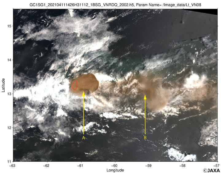 The RGB image at wavelengths of 672nm, 530nm and 443nm observed by SGLI onboard GCOM-C around 14:26 (UTC) on April 11, 2021