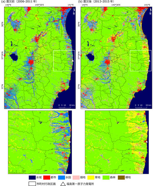 震災前後の土地被覆図（左：2006から2011年、右：2013から2015年）