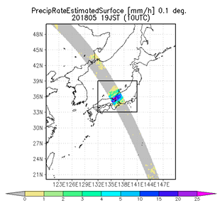 衛星全球降水マップGSMaPによる7月5日10:00から8日9:59の72時間積算降水量