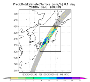 7月7日9時半頃（日本時間）にGPM二周波降水レーダが観測した地表付近の降水分布