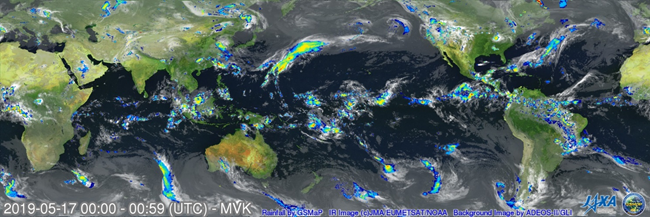 全球衛星降水マップGSMaPの観測結果（2019年5月17日00時（世界標準時））