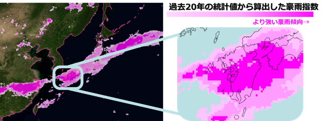 2020年7月1日～7日（世界標準時）における持続的な豪雨の指標（90, 95, 99パーセンタイル値）。濃いピンクは、過去20年の7月1日～7日（世界標準時)の平均降水量のうち上位1%の降水強度（99パーセンタイル値）以上に相当する降水があった領域を示しています。